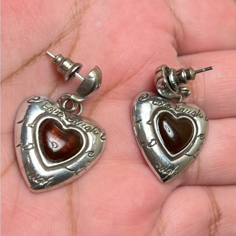Brighton Love Laugh Heart Shape Silver Tone Dangle Post Earrings Retired item - Picture 4 of 5